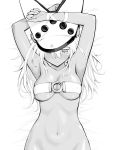  1girl armpits arms_up bed_sheet beltbra blush bottomless breasts dark_skin groin guilty_gear guilty_gear_xrd hair_between_eyes hat jouyama_yui long_hair looking_down lying monochrome navel on_back ramlethal_valentine solo stomach under_boob wavy_mouth 
