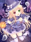  1girl :3 :d blonde_hair blush breasts capelet cleavage cross dress eyebrows eyebrows_visible_through_hair frilled_capelet frilled_dress frilled_gloves frills ghost gloves green_eyes hair_ribbon halloween hat hat_ribbon heterochromia holding jewelry kohinata_hoshimi lace lace-trimmed_hat lantern long_hair looking_at_viewer medium_breasts necklace open_mouth original pumpkin red_eyes ribbon shoes smile solo sparkle star star_(sky) striped striped_legwear striped_ribbon thigh-highs witch witch_hat 