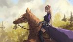  1girl 2016 absurdres armor black_legwear blonde_hair braid breasts bridle dated fate/apocrypha fate_(series) headpiece highres horse horseback_riding large_breasts long_braid riding ruler_(fate/apocrypha) scabbard sheath single_braid solo sword thigh-highs thighs traditional_media weapon 