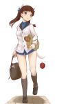  1girl apple bag baguette black_legwear blue_eyes bread brown_hair food fruit georgette_lemare groceries grocery_bag guraasan highres kneehighs shopping_bag solo strike_witches tail thighs twintails uniform white_background world_witches_series 
