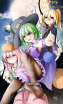  3girls blonde_hair bloomers bomb breasts bubble_skirt bustier candle cape chromatic_aberration flandre_scarlet full_moon green_eyes green_hair halloween hat hata_no_kokoro hell.k highres komeiji_koishi long_hair moon multiple_girls pantyhose pantyhose_under_shorts pink_eyes pink_hair pink_skirt plaid plaid_shirt pumpkin pumpkin_hat red_eyes shirt side_ponytail skirt small_breasts thighband_pantyhose touhou underwear vampire wings witch_hat 