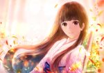  1girl brown_eyes brown_hair japanese_clothes kimono long_hair looking_at_viewer original petals sakimori_(hououbds) solo 