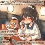  1girl alternate_costume apron bench black_hair chopsticks eating eyebrows eyebrows_visible_through_hair food hat isokaze_(kantai_collection) kantai_collection kirisawa_juuzou non-human_admiral_(kantai_collection) noodles ramen red_eyes sitting spoon table tied_hair translation_request 