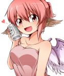  1girl :d alcohol alternate_costume animal_ears bare_shoulders beer bird_wings blush breasts can_to_cheek cleavage collarbone contemporary dress fingernails heart highres katsumi5o looking_at_viewer medium_breasts mystia_lorelei nail_polish off-shoulder_dress off_shoulder open_mouth pink_eyes pink_hair ponytail red_nails scrunchie sharp_fingernails short_hair short_ponytail simple_background smile solo strapless strapless_dress touhou white_background wings 