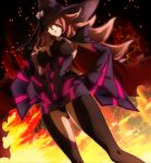  1girl black_sclera blazblue blazblue:_central_fiction breasts fire hands_on_hips hat highres konoe_a_mercury large_breasts leggings looking_down pink_hair tight_top witch_hat yellow_eyes 