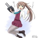  1girl :d blue_eyes brown_hair commentary_request hair_ornament kantai_collection kazagumo_(kantai_collection) long_hair looking_at_viewer machinery necktie open_mouth pantyhose pleated_skirt ponytail school_uniform skirt smile solo spaghe translation_request turret 