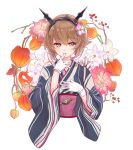  1girl akakokko alternate_costume anchor brown_hair earrings eyebrows eyebrows_visible_through_hair finger_in_mouth floral_background flower gloves green_eyes hair_between_eyes hair_flower hair_ornament hand_on_own_chest headgear japanese_clothes jewelry kantai_collection kimono long_sleeves looking_at_viewer mutsu_(kantai_collection) obi sash solo striped_kimono upper_body white_background white_gloves wide_sleeves yukata 