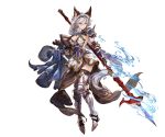  1girl animal_ears armor braid brown_eyes earrings full_body gauntlets gloves granblue_fantasy holding holding_weapon jewelry long_hair looking_at_viewer minaba_hideo pauldrons pelvic_curtain polearm serious simple_background skirt solo thigh-highs weapon white_background white_hair 