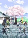  6+boys ahoge architecture arm_support arms_behind_back artist_request black_hair blonde_hair blue_eyes boots brown_hair cape cherry_blossoms cloak clouds crossed_arms east_asian_architecture eyepatch geta glasses gloves gokotai green_hair hachisuka_kotetsu hair_over_one_eye hakama hand_on_hip hand_on_own_knee haori heshikiri_hasebe highres hill hood hooded_cloak ishikirimaru japanese_clothes kasen_kanesada kashuu_kiyomitsu kimono knee_boots kneehighs labcoat looking_at_viewer maeda_toushirou male_focus multiple_boys mutsu-no-kami_yoshiyuki namazuo_toushirou nikkari_aoe obi official_art on_roof outdoors outstretched_hand petals pink_hair ponytail purple_hair red_eyes rooftop sandals sash scarf shishiou shoes shokudaikiri_mitsutada shorts sitting sky smile sneakers souza_samonji standing tabard tabi tasuki tengu-geta tile_roof touken_ranbu touken_ranbu:_hanamaru track_suit tree violet_eyes white_hair yagen_toushirou yamanbagiri_kunihiro yamato-no-kami_yasusada yellow_eyes 