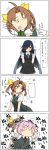  3girls 4koma ahoge black_hair black_skirt blush brown_hair comic commentary_request embarrassed gloves hair_ornament hair_over_one_eye hair_ribbon hairclip hayashimo_(kantai_collection) highres kagerou_(kantai_collection) kantai_collection long_hair multiple_girls neck_ribbon oyashio_(kantai_collection)_(cosplay) pink_hair pleated_skirt ribbon school_uniform shiranui_(kantai_collection) skirt speech_bubble translation_request tun vest white_gloves 