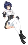  1girl black_gloves blue_hair boots brown_eyes covered_nipples crossed_legs full_body gloves hand_on_own_knee highres kouno_yuria kure_masahiro looking_at_viewer official_art short_hair simple_background skirt smile solo thigh-highs valkyrie_drive valkyrie_drive_-siren- white_background white_legwear 