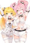  2girls :d ;d arm_up babydoll blonde_hair blush bow breasts cleavage covered_navel detached_sleeves earrings eyelashes fang fangs fur_trim green_eyes hair_bow highres hoyashi_rebirth idolmaster idolmaster_cinderella_girls jewelry jougasaki_mika jougasaki_rika long_hair looking_at_viewer medium_breasts multiple_girls nail_polish navel necklace one_eye_closed open_mouth orange_nails pink_hair red_nails short_shorts shorts siblings simple_background sisters small_breasts smile thigh-highs two_side_up v white_legwear yellow_eyes 