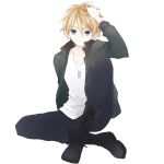  1boy anzu_(o6v6o) black_boots blonde_hair blue_eyes blue_pants boots closed_mouth cross-laced_footwear dog_tags full_body genderswap genderswap_(ftm) hair_between_eyes hair_ornament hairclip hand_on_own_head hand_up jacket kagamine_rinto knee_up lace-up_boots long_sleeves looking_at_viewer looking_away male open_clothes open_jacket pants parted_lips pocket simple_background sitting sketch solo unbuttoned v-neck vocaloid white_background zipper 