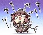  1girl bow bowtie brown_dress chibi commentary_request dress earrings fang hat jewelry microphone microphone_stand music mystia_lorelei nekoguruma open_mouth petticoat pink_hair puffy_sleeves singing solid_circle_eyes touhou translation_request wings 