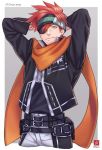  1boy arms_behind_head belt copyright_name d.gray-man earrings eyepatch green_eyes headband hr_jam jewelry lavi male_focus redhead scarf short_hair smirk solo 