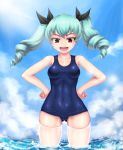  anchovy aqua_hair cloel covered_navel drill_hair girls_und_panzer hands_on_hips highres long_hair looking_at_viewer one-piece_swimsuit open_mouth partially_submerged red_eyes school_swimsuit smile solo swimsuit thigh-highs twin_drills twintails white_legwear 