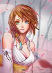  1girl blue_eyes blurry braid breasts brown_hair cleavage collarbone depth_of_field detached_sleeves final_fantasy final_fantasy_x green_eyes heterochromia japanese_clothes large_breasts neck petals ribbon-trimmed_sleeves ribbon_trim smile solo songjikyo upper_body watermark web_address yuna_(ff10) 