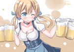  1girl alcohol beer beer_mug blonde_hair blue_eyes blush breasts choker cleavage commentary dated getou hair_ribbon highres kantai_collection low_twintails oktoberfest one_eye_closed prinz_eugen_(kantai_collection) ribbon smile solo twintails twitter_username upper_body 