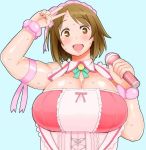  1girl blush breasts brown_eyes brown_hair cleavage dress headdress huge_breasts idolmaster idolmaster_cinderella_girls microphone mimura_kanako morisoba_(silent_hill) open_mouth short_hair smile sweat v 