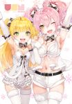  2girls :d ;d arm_up armpits babydoll blonde_hair blush bow breasts cleavage covered_navel detached_sleeves earrings eyelashes fang fangs fur_trim green_eyes hair_bow highres hoyashi_rebirth idolmaster idolmaster_cinderella_girls jewelry jougasaki_mika jougasaki_rika long_hair looking_at_viewer medium_breasts multiple_girls nail_polish navel necklace one_eye_closed open_mouth orange_nails pink_hair red_nails short_shorts shorts siblings simple_background sisters small_breasts smile thigh-highs two_side_up v white_legwear yellow_eyes 