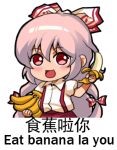  1girl banana chinese engrish food fruit fujiwara_no_mokou long_hair lowres meme ranguage red_eyes shangguan_feiying touhou translated white_hair 