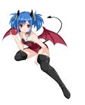  1girl apple blue_hair boots breasts character_request choker cleavage demon_girl demon_horns demon_tail demon_wings food fruit full_body highres holding horns kure_masahiro leotard looking_at_viewer official_art red_eyes simple_background solo tail thigh-highs thigh_boots twintails valkyrie_drive valkyrie_drive_-siren- white_background wings 
