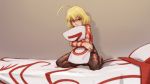  1girl ahoge akuma_no_riddle bed_sheet black_legwear blonde_hair full_body hashiri_nio kneeling looking_at_viewer on_bed original paintrfiend pantyhose pillow pillow_hug red_eyes solo tattoo yes-no_pillow 