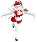  1girl antlers breasts butterfly_hair_ornament carrying choker cleavage floating_hair fruit_tart full_body green_eyes hair_ornament hat highres holding kure_masahiro large_breasts leg_lift long_hair official_art open_mouth puffy_sleeves santa_costume santa_hat sashou_urara short_sleeves skirt solo thigh-highs tray twintails valkyrie_drive valkyrie_drive_-siren- white_hair white_legwear wings 