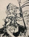  1girl armor bare_shoulders eu03 granblue_fantasy hair_ornament highres jeanne_d&#039;arc_(granblue_fantasy) monochrome polearm sketch traditional_media weapon 