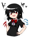  1girl :d =3 asymmetrical_wings black_dress black_hair blush bow bowtie doyagao dress hands_on_hips highres houjuu_nue katsumi5o looking_at_viewer no_nose open_mouth pointy_ears red_eyes short_hair simple_background smile smug solo touhou white_background wings 