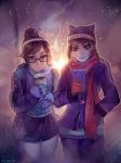  2girls artist_name beanie black-framed_eyewear blue_coat blue_gloves brown_eyes brown_hair casual cellphone closed_mouth commentary cup d.va_(overwatch) earmuffs face gloves hair_ornament hairpin hand_in_pocket hat highres holding holding_cup holding_phone keychain long_hair long_sleeves looking_at_phone matilda_vin mei_(overwatch) multiple_girls overwatch pantyhose phone rectangular_glasses red_gloves red_scarf scarf short_hair smartphone smile standing steam whisker_markings white_legwear 