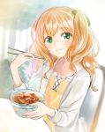  1boy blush brown_hair chopsticks crossdressinging food food_on_face green_eyes hair_ribbon highres i-chu long_hair male_focus oikawa_momosuke otoko_no_ko ribbon sketch smile solo twintails 