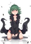  1girl artist_request black_dress blush breasts curly_hair dress green_eyes green_hair kneeling looking_at_viewer one-punch_man reflection short_hair simple_background solo tatsumaki tears torn_clothes v_arms white_background 