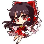  1girl ascot black_hair black_shoes blush_stickers bow chibi detached_sleeves frilled_skirt frills full_body gohei hair_bow hair_tubes hakurei_reimu long_hair lowres red_bow red_eyes red_shirt red_skirt ribbon-trimmed_skirt ribbon-trimmed_sleeves ribbon_trim shinobu_shinobu shirt shoes sidelocks simple_background skirt solo touhou white_background white_legwear wide_sleeves 