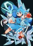  &gt;:d :d blue_eyes blue_hair bow cirno clenched_hand commentary full_body grin hair_bow highres ice ice_wings looking_at_viewer necktie open_mouth poke_ball pokeball_symbol pokemon red_eyes short_hair smile sofa_(enogunomu) sparkle suicune touhou wings 
