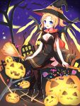  1girl alternate_costume bat black_shoes blonde_hair blue_eyes blush breasts broom broom_riding brown_legwear building candy capelet cleavage crescent_moon earrings full_body halloween halloween_costume hat highres jack-o&#039;-lantern jewelry lollipop mechanical_wings medium_breasts mercy_(overwatch) moon night night_sky niji_(rudduf232) no_gloves open_mouth overwatch shoes sitting sky smile solo spread_wings star_(sky) starry_sky thigh-highs tree twilight wings witch witch_hat witch_mercy yellow_wings 