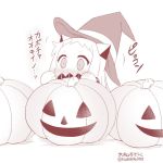  1girl blush commentary_request covered_mouth hat horns jack-o&#039;-lantern kantai_collection long_hair mittens monochrome northern_ocean_hime nose_blush shinkaisei-kan solo translation_request twitter_username witch_hat yamato_nadeshiko 