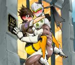  1boy 1girl against_wall blush bodysuit bomber_jacket caught chiptooth couple cyborg embarrassed full-face_blush genji_(overwatch) hetero hug jacket leg_lock lifting_person looking_at_viewer outdoors shoes sneakers sweatdrop tracer_(overwatch) 