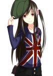  1girl black_hair brown_eyes collarbone english_flag hair_ornament jougen long_hair one_side_up original shirt simple_background smile solo union_jack white_background 