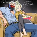  1boy 1girl :t arm_around_shoulder barefoot blue_eyes casual chiptooth couch couple crossed_legs denim eating eyeshadow hetero jeans makeup mask mercy_(overwatch) overwatch pants plaid plaid_shirt popcorn ribbed_sweater scar shirt soldier:_76_(overwatch) sweater turtleneck visor 