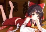  1girl bangs bare_legs bare_shoulders barefoot black_hair bow breasts butt_crack closed_mouth detached_sleeves eyebrows_visible_through_hair feet flan_(seeyouflan) frills gohei hair_bow hair_tubes hakurei_reimu hand_on_own_cheek head_rest legs_up looking_at_viewer lying miniskirt ofuda on_floor on_stomach ribbon-trimmed_sleeves ribbon_trim skirt skirt_set small_breasts soles solo swept_bangs touhou wide_sleeves wooden_floor 