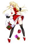  1girl ass black_gloves black_legwear blonde_hair full_body gift gloves henrietta_baldini highres holding kure_masahiro long_hair looking_at_viewer looking_back official_art open_mouth panties sack santa_costume simple_background solo spilling thigh-highs two_side_up underwear upskirt valkyrie_drive valkyrie_drive_-siren- violet_eyes white_background 