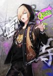  1boy animal_print blonde_hair blue_eyes graffiti hair_over_one_eye hood hoodie jacket looking_at_viewer male_focus open_clothes open_jacket open_mouth platinum_blonde studded studded_jacket uhouho14 wall yuri!!!_on_ice yuri_plisetsky 