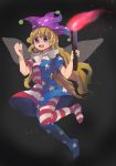 1girl american_flag_dress american_flag_legwear bangs clownpiece dress fairy_wings fire full_body hat highres holding jester_cap long_hair neck_ruff open_mouth pantyhose polka_dot short_dress short_sleeves shukinuko smile solo star star_print striped torch touhou very_long_hair wings 