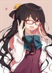  1girl adjusting_glasses bespectacled black_hair bow bowtie eyebrows eyebrows_visible_through_hair eyes_visible_through_hair fang glasses hair_between_eyes hiiragi_souren kantai_collection long_hair long_sleeves multicolored_hair naganami_(kantai_collection) one_eye_closed open_mouth pink_hair solo yellow_eyes 