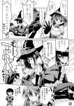  ! &gt;_&lt; 1boy 1girl :d admiral_(kantai_collection) alternate_costume ashigara_(kantai_collection) blush closed_eyes comic elbow_gloves gloves haguro_(kantai_collection) hairband halloween halloween_costume kantai_collection long_hair military military_uniform minimaru monochrome myoukou_(kantai_collection) naval_uniform open_mouth seiza short_hair sitting smile spoken_exclamation_mark sweat thigh-highs tickling translation_request trembling uniform v_arms xd zettai_ryouiki 