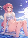  1girl a-line arm_support blue_eyes breasts eyebrows eyebrows_visible_through_hair highres long_hair medium_breasts midriff navel one_eye_closed open_mouth original pink_hair shiny shiny_skin shirt shorts sitting solo tied_shirt wet wet_clothes wet_shirt white_shirt white_shorts 