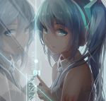  1girl aqua_eyes aqua_hair character_name copyright_name hatsune_miku headphones highres long_hair looking_at_viewer necktie reflection solo superdong tattoo twintails vocaloid 