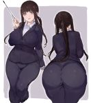  1girl ass blush breasts brown_eyes brown_hair business_suit c.cu formal huge_ass huge_breasts long_hair open_mouth ponytail smile suit teacher 
