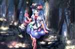  1girl :d basket black_hat blue_hair blue_skirt blush boots bow bowtie brown_boots dappled_sunlight day dress_shirt food forest fruit hat highres hinanawi_tenshi holding holding_fruit leaf long_hair looking_at_viewer nature open_mouth outdoors peach puffy_short_sleeves puffy_sleeves rainbow_order red_bow red_bowtie red_eyes risutaru shirt short_sleeves sitting skirt smile solo sunlight touhou tree under_tree very_long_hair white_shirt 